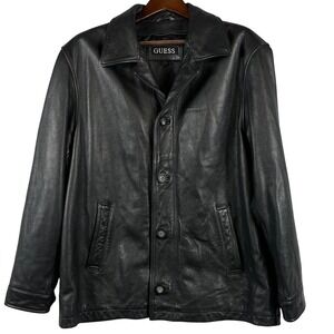 Guess Mens L Black Leather Jacket Button Front Classic Coat Minimalist Y2K